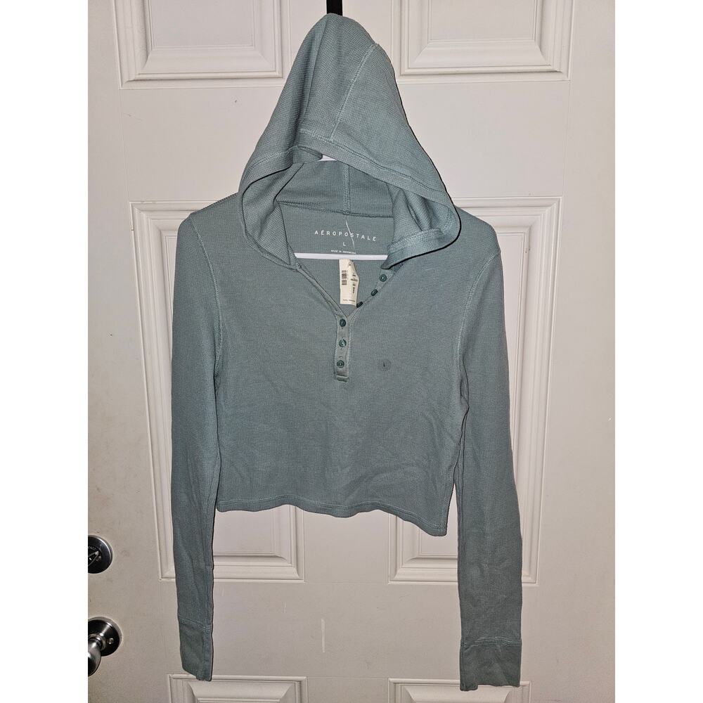 Aeropostale Teal Button Down Henley Long Sleeve Crop Top w/ Hood size L- NWT